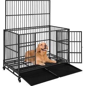 Yaheetech 42'' Heavy Duty Dog Crate for Large Dog Collapsible Dog Crate W/Open Top/Lockable Wheels/Trays XL Indestructible Dog Kennel Indoor in Kuwait