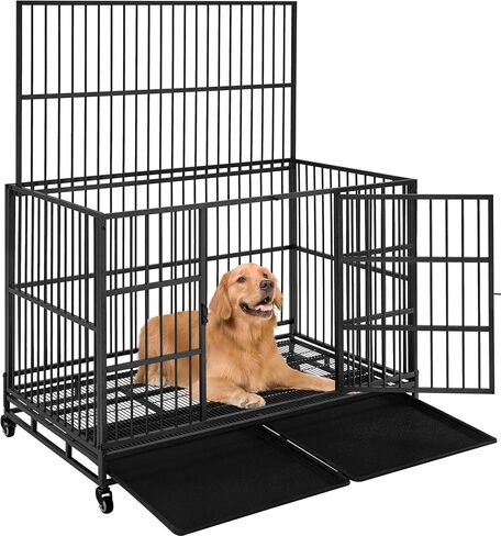 Yaheetech 42'' Heavy Duty Dog Crate for Large Dog Collapsible Dog Crate W/Open Top/Lockable Wheels/Trays XL Indestructible Dog Kennel Indoor in Kuwait