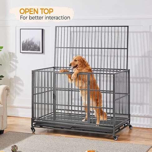 Yaheetech 42'' Heavy Duty Dog Crate for Large Dog Collapsible Dog Crate W/Open Top/Lockable Wheels/Trays XL Indestructible Dog Kennel Indoor in Kuwait