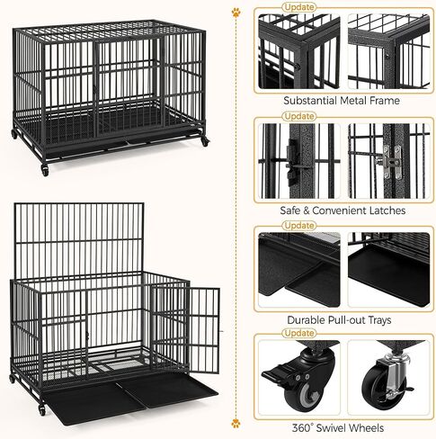 Yaheetech 42'' Heavy Duty Dog Crate for Large Dog Collapsible Dog Crate W/Open Top/Lockable Wheels/Trays XL Indestructible Dog Kennel Indoor in Kuwait