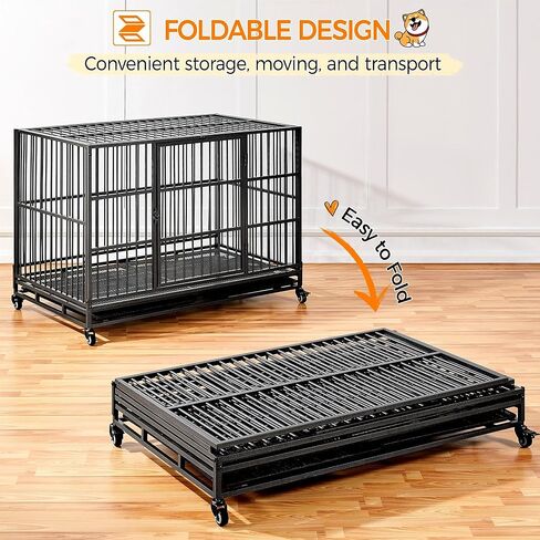 Yaheetech 42'' Heavy Duty Dog Crate for Large Dog Collapsible Dog Crate W/Open Top/Lockable Wheels/Trays XL Indestructible Dog Kennel Indoor in Kuwait