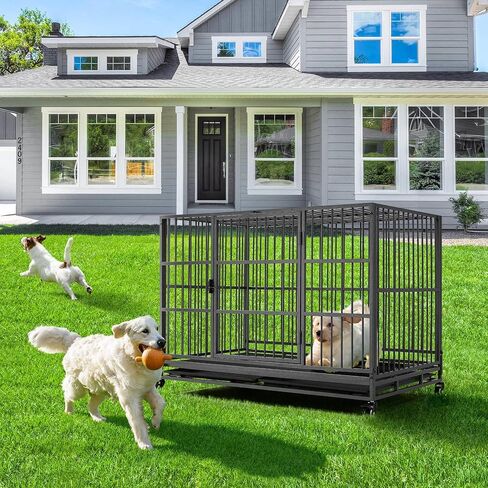 Yaheetech 42'' Heavy Duty Dog Crate for Large Dog Collapsible Dog Crate W/Open Top/Lockable Wheels/Trays XL Indestructible Dog Kennel Indoor in Kuwait