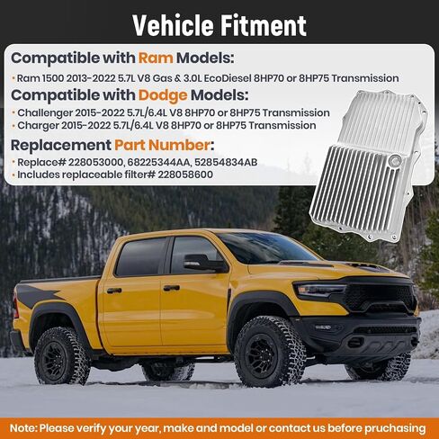 228053000 Aluminum Transmission Oil Pan w/Filter Compatible with Dodge Challenger Charger 2015-2022 5.7L 6.4L V8 Gas or Ram 1500 2013-2022 5.7L 3.0L 8HP70/8HP75 with Gasket 8-Speed Transmission in Saudi Arabia