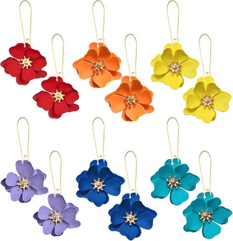 Dreuyet 6 أزواج بوهو ديزي زهرة طويلة بتلة البتلة تتدلى أقراط للنساء البوهيمي غير اللامعة ذات الطبقات الأزهار ذات الطبقات الأنيقة. in Saudi Arabia