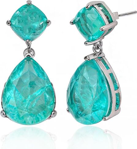 Paraiba Tourmaline Vintage Teardrop Dangle Earrings, Bridal Bridesmaids Statement Drop Jewelry for Women, Wedding Prom 2025 Trend, Silver-plated Metal Emerald Gemstone, Big Cocktail Fine Party Gift in Saudi Arabia