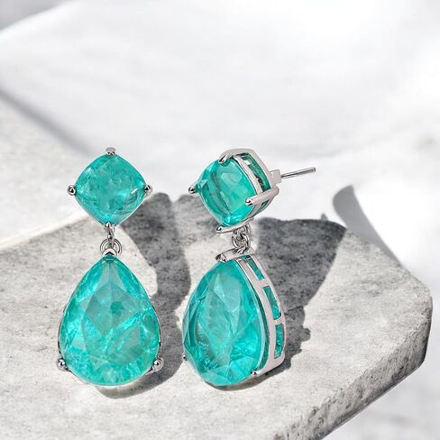 Paraiba Tourmaline Vintage Teardrop Dangle Earrings, Bridal Bridesmaids Statement Drop Jewelry for Women, Wedding Prom 2025 Trend, Silver-plated Metal Emerald Gemstone, Big Cocktail Fine Party Gift in Saudi Arabia