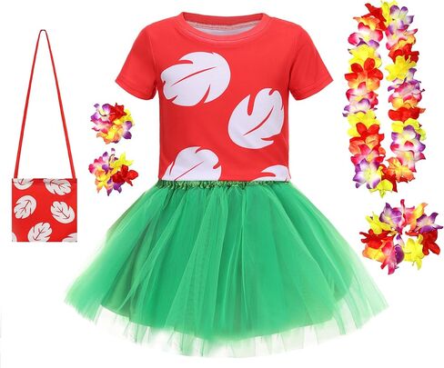 Girls Hawaiian Costume for Kids Luau Party Dress with Tropical Flower Lei for 3-8Y in Saudi Arabia