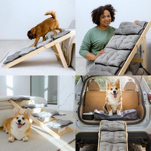منحدر للكلاب - منحدر للحيوانات الأليفة الخشبية القابلة للطي مع سطح وسطح للأسرة والأرائك عالية - تصميم محمول يتحول إلى الدرج in Kuwait