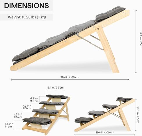 منحدر للكلاب - منحدر للحيوانات الأليفة الخشبية القابلة للطي مع سطح وسطح للأسرة والأرائك عالية - تصميم محمول يتحول إلى الدرج in Kuwait