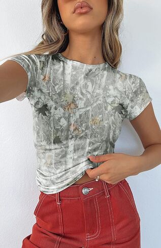 BAIGRAM Women Camo Shirt Short Sleeve Fitted Maple Leaf Print Crop Tops Cute Graphic Tees Vintage Y2K Going Out Summer in Kuwait
