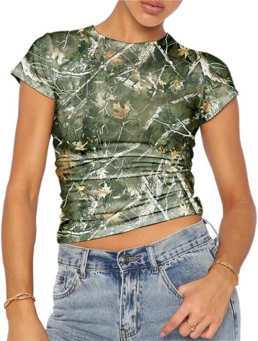 BAIGRAM Women Camo Shirt Short Sleeve Fitted Maple Leaf Print Crop Tops Cute Graphic Tees Vintage Y2K Going Out Summer in Kuwait