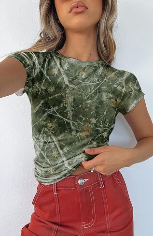 BAIGRAM Women Camo Shirt Short Sleeve Fitted Maple Leaf Print Crop Tops Cute Graphic Tees Vintage Y2K Going Out Summer in Kuwait