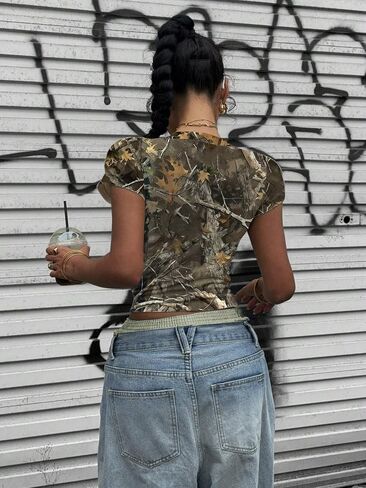 BAIGRAM Women Camo Shirt Short Sleeve Fitted Maple Leaf Print Crop Tops Cute Graphic Tees Vintage Y2K Going Out Summer in Kuwait