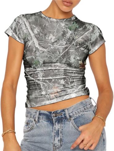 BAIGRAM Women Camo Shirt Short Sleeve Fitted Maple Leaf Print Crop Tops Cute Graphic Tees Vintage Y2K Going Out Summer in Kuwait