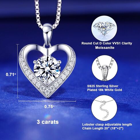 Moissanite Necklace for Women, Heart Pendant Engraved 'I Love You' Gifts for Wife, Valentine's Day Gift Anniversary Eternity Birthday Present Sterling Silver Jewelry for Her in Saudi Arabia