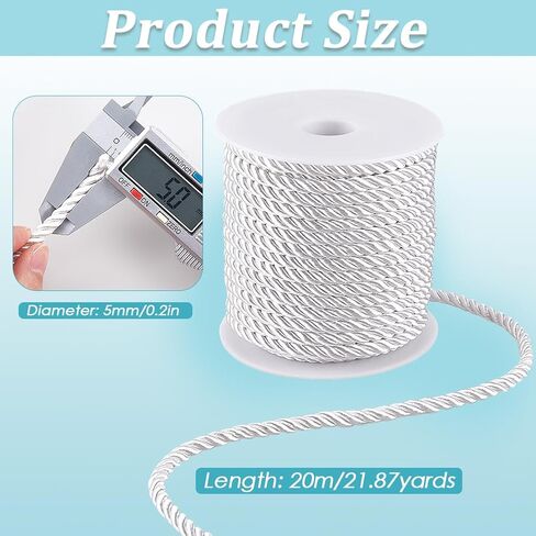 20M/21.87 Yards Twisted Cord Trim Braided Twist Rope 5mm Beige Polyester Decorative 3-Ply Silk Twine String Cording Graduation Honor Cords Thread for Home Decor Crafts Bag Upholstery Curtain in Saudi Arabia