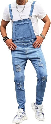 Runcati Mens Denim Bib بشكل عام تمزق Jean Fashion Slim Fit حزام قابلة للتعديل حزام بذلة حزينة in Saudi Arabia