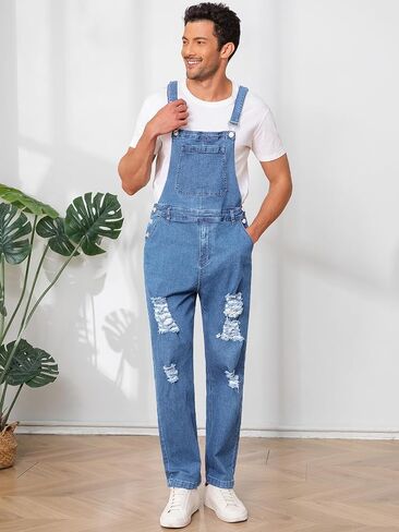 Runcati Mens Denim Bib بشكل عام تمزق Jean Fashion Slim Fit حزام قابلة للتعديل حزام بذلة حزينة in Saudi Arabia