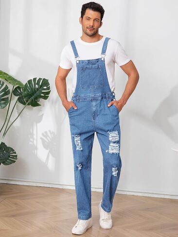 Runcati Mens Denim Bib بشكل عام تمزق Jean Fashion Slim Fit حزام قابلة للتعديل حزام بذلة حزينة in Saudi Arabia