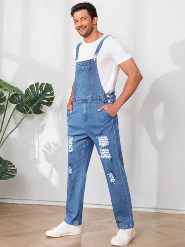 Runcati Mens Denim Bib بشكل عام تمزق Jean Fashion Slim Fit حزام قابلة للتعديل حزام بذلة حزينة in Saudi Arabia