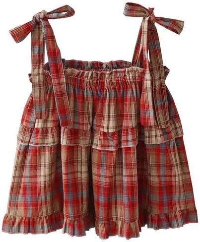 Pbkabiug Women's Camisole Tank Tops Red Plaid Camisoles Women Vintage Ruffles Cute Girlish Cropped Tops Holiday Streetwear in Kuwait
