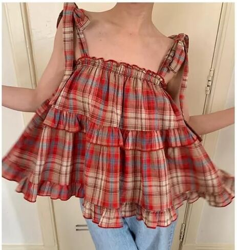 Pbkabiug Women's Camisole Tank Tops Red Plaid Camisoles Women Vintage Ruffles Cute Girlish Cropped Tops Holiday Streetwear in Kuwait