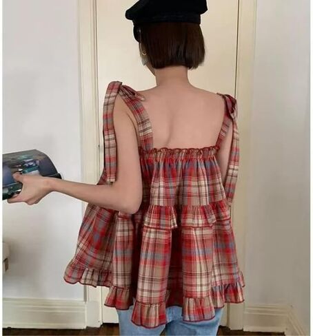 Pbkabiug Women's Camisole Tank Tops Red Plaid Camisoles Women Vintage Ruffles Cute Girlish Cropped Tops Holiday Streetwear in Kuwait