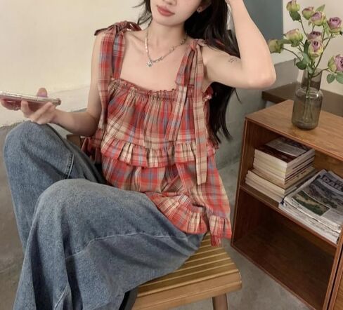 Pbkabiug Women's Camisole Tank Tops Red Plaid Camisoles Women Vintage Ruffles Cute Girlish Cropped Tops Holiday Streetwear in Kuwait