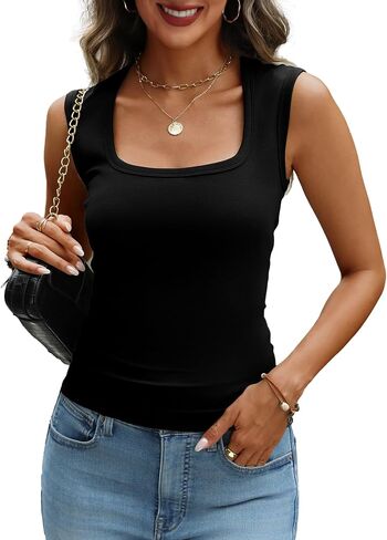 Women's Cotton Square Neck Tank Tops Basic Summer Sleeveless Cami Shirts 2025 Going Out Top in Saudi Arabia
