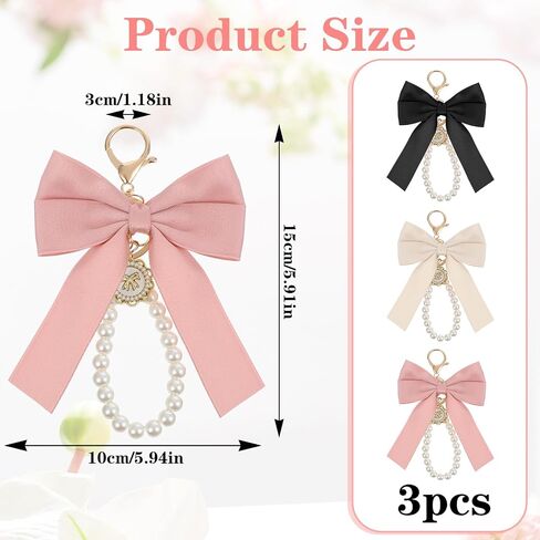 3pcs bow keychain charms for base bage ، wristlet keychain pearl ، charm backpack backpack chains for car coquette bas charms for women friend in Saudi Arabia