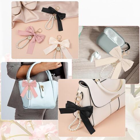 3pcs bow keychain charms for base bage ، wristlet keychain pearl ، charm backpack backpack chains for car coquette bas charms for women friend in Saudi Arabia