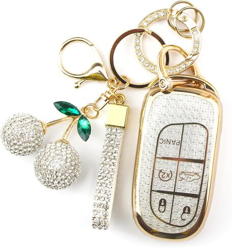 Sparkly Key Fob Cover with Cherry Keychain, Bling TPU Smart Key Case for Women, Compatible with Dodge Charger Challenger Durango，Jeep Wrangler Patriot Grand Commander (5-Button, Gold White) in Kuwait
