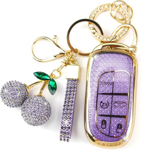 Sparkly Key Fob Cover with Cherry Keychain, Bling TPU Smart Key Case for Women, Compatible with Dodge Charger Challenger Durango，Jeep Wrangler Patriot Grand Commander (5-Button, Gold White) in Kuwait