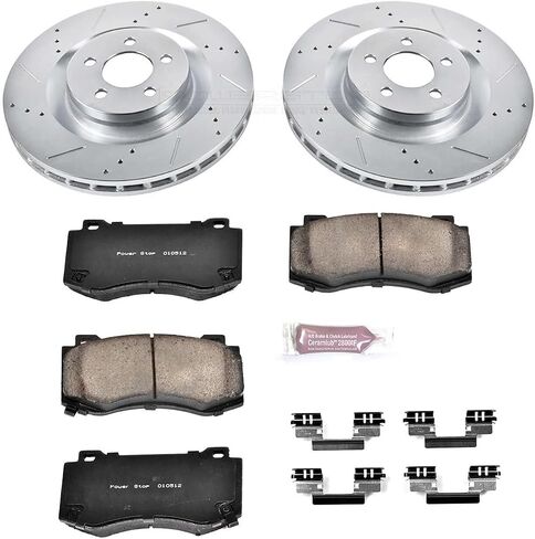 Power Stop K4695 Front Z23 Carbon Fiber Brake Pads مع مجموعة دوارات الفرامل المحفورة والمنزعة لـ Chrysler 300 | Dodge Challenger Charger Magnum [تطبيق محدد] in Saudi Arabia