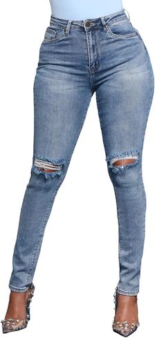 HugeNice Women's Mid-Rise Stretch Skinny Jeans Casual Slim Fit Elastic Waist Denim Pants in Kuwait