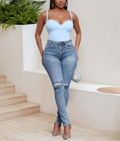 HugeNice Women's Mid-Rise Stretch Skinny Jeans Casual Slim Fit Elastic Waist Denim Pants in Kuwait