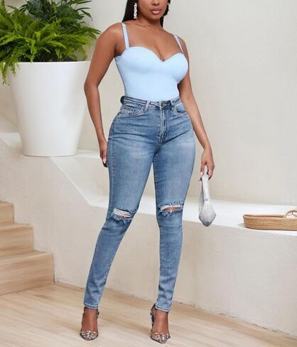 HugeNice Women's Mid-Rise Stretch Skinny Jeans Casual Slim Fit Elastic Waist Denim Pants in Kuwait