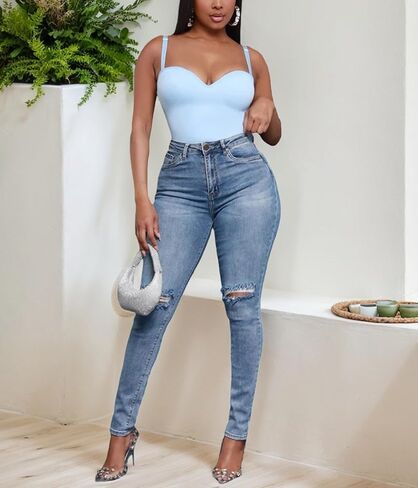 HugeNice Women's Mid-Rise Stretch Skinny Jeans Casual Slim Fit Elastic Waist Denim Pants in Kuwait
