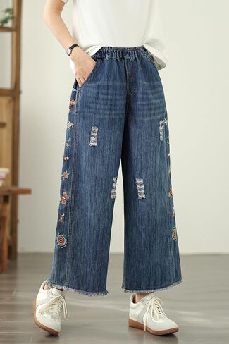 Lai Meng Five Cats Five Women's Termbroidery Lourd Lourd Sould Wide Leg Wide Bants Horinge Jeans in Kuwait