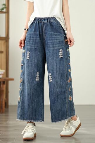 Lai Meng Five Cats Five Women's Termbroidery Lourd Lourd Sould Wide Leg Wide Bants Horinge Jeans in Kuwait