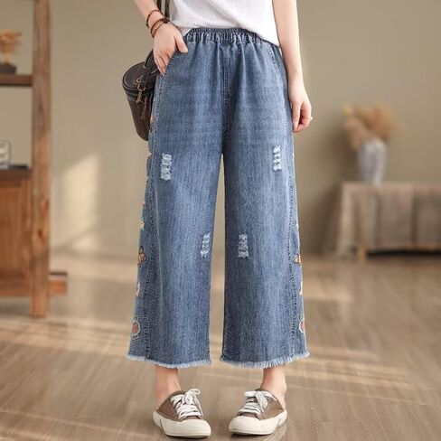 Fashion Spring Summer Ladies Ripped Loose Jeans Women Casual Embroidery Elastic Wide-Leg Denim Trousers in Saudi Arabia