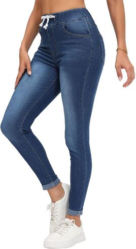HugeNice Women's Mid-Rise Stretch Skinny Jeans Casual Slim Fit Elastic Waist Denim Pants in Kuwait