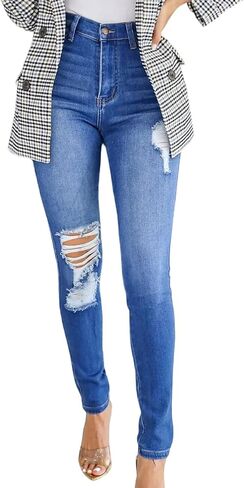 HugeNice Women's Mid-Rise Stretch Skinny Jeans Casual Slim Fit Elastic Waist Denim Pants in Kuwait