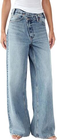 yoeasy Women's Casual Baggy Jeans Crossover Mid Waist Wide Leg Loose Boyfriend Denim Pants Trousers with Pockets in Saudi Arabia