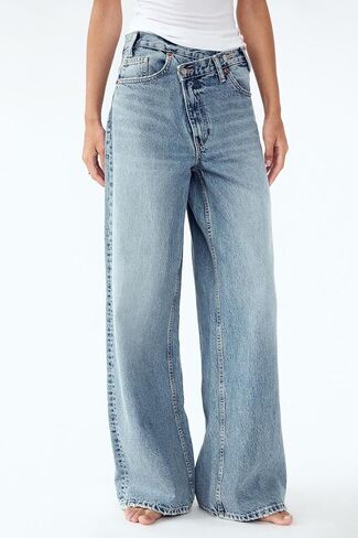 yoeasy Women's Casual Baggy Jeans Crossover Mid Waist Wide Leg Loose Boyfriend Denim Pants Trousers with Pockets in Saudi Arabia