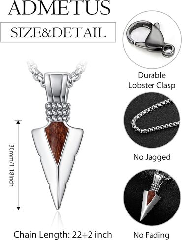 قلادة Admetus Arrowhead للرجال 925 Sterling Silver American Jewelry American West Pendant Present Protects لعشاق الرياضة في الهواء الطلق مع 2.5 مم 22 "+2" Rolo سلسلة in Kuwait