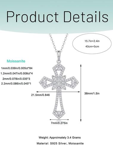 Cross Moissanite Pendant Necklace for Women Men Christian Gifts, Brilliant Cut Brightness Lab Created Diamond 925 Sterling Silver Cross Necklace with 18K White Gold Plating in Saudi Arabia