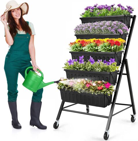 Homdox 4FT Vertical Garden Bed, 5 Tiers Vertical Raised Garden Planter, 25.6 * 26 * 48Inch Garden Raised Bed with 4 Hooks & 4 Wheels, Vegetable Flower Planter Raised Stand, Black with Storage Rack in Saudi Arabia