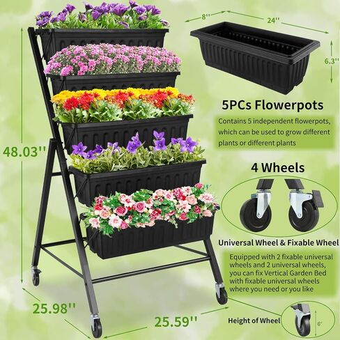Homdox 4FT Vertical Garden Bed, 5 Tiers Vertical Raised Garden Planter, 25.6 * 26 * 48Inch Garden Raised Bed with 4 Hooks & 4 Wheels, Vegetable Flower Planter Raised Stand, Black with Storage Rack in Saudi Arabia