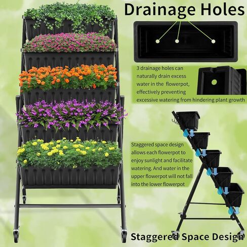 Homdox 4FT Vertical Garden Bed, 5 Tiers Vertical Raised Garden Planter, 25.6 * 26 * 48Inch Garden Raised Bed with 4 Hooks & 4 Wheels, Vegetable Flower Planter Raised Stand, Black with Storage Rack in Saudi Arabia